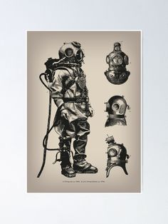 an old diving suit and helmet poster