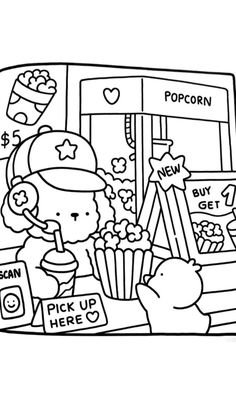 a black and white drawing of a person holding popcorn in front of a tv screen