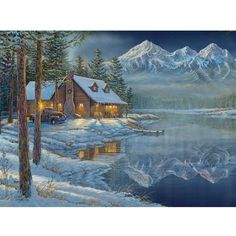 a painting of a cabin in the woods by a lake with snow covered mountains behind it