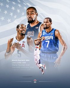 two basketball players with an american flag in the background