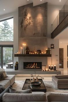 Wood Beam In Living Room, Wrap Around Hearth Fireplace, Living Room Designs With Fireplace And Tv, Modern House Decoration, Beautiful Great Rooms, Long Fireplace Ideas, Mid Century Modern Stone Fireplace, Concrete Fireplace Ideas, Modern Rustic Design Interiors