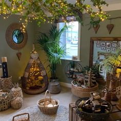 a living room filled with lots of plants and baskets on top of carpeted flooring