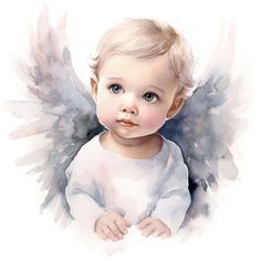 a watercolor painting of a baby with angel wings on it's head and chest