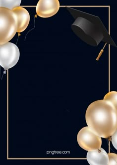 balloons and graduation cap floating in the air with a square frame on top that says congratulations