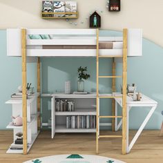 there is a loft bed with a desk underneath it and shelves on the wall above