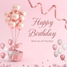 a pink birthday card with balloons and streamers in the shape of a gift box