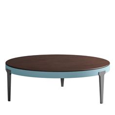 an oval coffee table with wooden top and metal legs, in blue and brown color