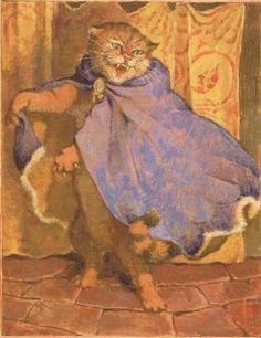 a painting of a cat wearing a blue cape and standing on its hind legs in front of a curtain