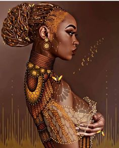 an artistic painting of a woman's body with gold and brown designs on it