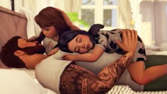 an animated image of two women and a man laying on a bed with their arms around each other