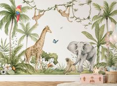 an animal mural in a children's room with white walls and wooden flooring