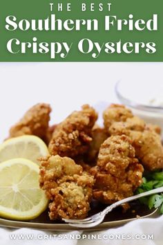 the best southern fried crispy oysters on a plate with lemon wedges and parsley