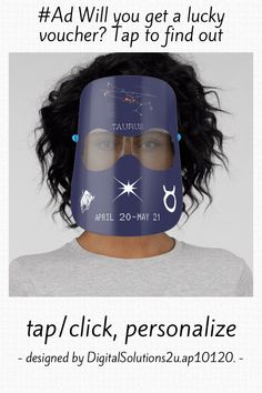 a woman wearing a blue mask with scissors on it's face and the caption reads, tap / click to personalize