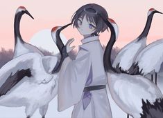 an anime character standing in front of two birds with their heads turned to the side