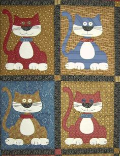 four quilts with cats on them in different colors