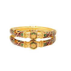 This stunning set of 22k yellow gold bangles feature a beautiful Meenakari pattern made of vibrant enamels. Features • 22k yellow gold • Enamel • Meenakari pattern • Set of two (2) bangles Virani Jewelers is a premier gold Indian jewelry store in the New Jersey, USA specializing in 22k gold designs. We offer a wide selection of beautiful traditional Indian gold jewelry and western style pieces. Shop with us for more fine Indian jewelry like this set of 22k yellow gold bangle. Specifications: • M Enamel Gold Bangles, Meenakari Gold Bangles, Luxury Traditional Meenakari Bangle, Meenakari Bangles, Gold Indian Jewelry, Indian Gold Jewelry, Yellow Gold Bangle, Gold Bead Necklace, Gold Designs