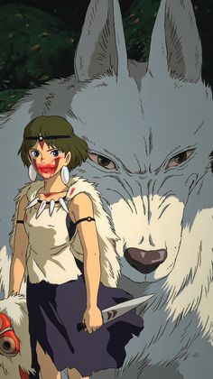 an anime character standing in front of a wolf