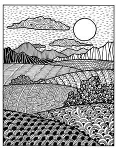 a black and white drawing of mountains with clouds in the sky above them, surrounded by waves