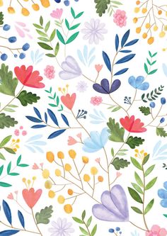 watercolor flowers and leaves on a white background with blue, pink, green, yellow, red, orange, purple