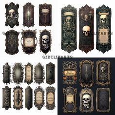 an assortment of ornate frames with skulls and scrolls on them, all decorated in gothic style