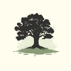 the silhouette of a tree on a white background with green grass and trees around it