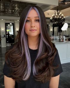 Lavender Front Peekaboo Pieces for Brunettes Brown Hair With Silver Money Piece, Light Purple Money Piece Hair, Lavender Peekaboo Hair, Lavender Money Piece Hair, Purple Halo Hair, Vivid Hair Color Ideas For Brunettes, Money Piece Hair Color, Piece Hair Color, Purple Peekaboo Highlights