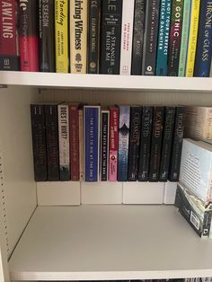 a book shelf filled with lots of books on top of white shelving unit shelves