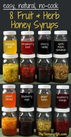 there are many jars with different types of food in them