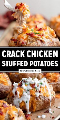 Crack Chicken Stuffed Baked Potatoes pair creamy cheddar, bacon and ranch chicken and a fluffy baked potato into one delicious meal. Dinner Recipes Baked Potato, Pulled Chicken Baked Potato, Bbq Chicken Stuffed Potatoes, Chicken Rice And Potatoes Easy Recipes, Baked Potatoe Ideas Dinners, Things To Do With Leftover Chicken, Stuffed Potatoes Chicken, Dinner Ideas For Two Comfort Foods, Chicken Bacon Ranch Baked Potato