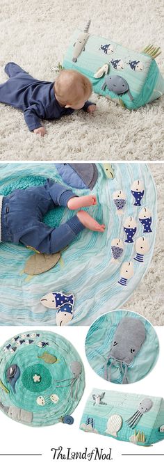 a baby laying on top of a blue rug next to two pictures of the same child