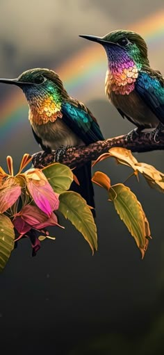 two hummingbirds sitting on a branch with a rainbow in the background