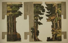 two panels with trees cut out of them on a white background, each panel has an image of a forest in the middle