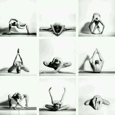 black and white photograph of woman doing yoga poses with hands on the ground, in different positions