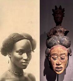 an old and new photo of two african women with masks on their heads, one in black and the other in white