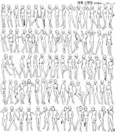 an image of various poses and body shapes for the animation character model, drawn by hand