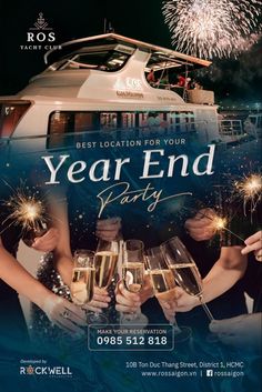 a party flyer with people holding champagne glasses and fireworks in the sky above them is an image of a yacht