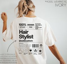 Our trendy hairstylist shirt is the perfect personalized gift for your hair stylist or to promote your salon business! Made on the Comfort Colors t-shirts, these make the perfect work day shirt or to promote yourself casually with your handle. We also have this design on a sweatshirt that you can find in our shop. Any questions, please message us! **UNISEX T-SHIRTS- Run true to size.  If wanting a more oversized look, selecting 1 or 2 sizes up is recommended. Models are wearing size XL for overs Hairdresser Shirts Vinyl, Salon Shirt Ideas, Hair Salon Shirts, Hairstylist Shirt Ideas, Salon Tshirt Ideas, Hairstylist Outfits For Work Casual, Hairdresser Outfit Work, Hairstylist Tshirts, Salon Shirts