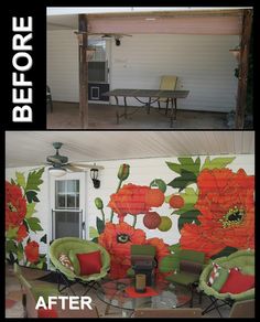 before and after photos of an outdoor room with flowers painted on the walls, chairs are upholstered