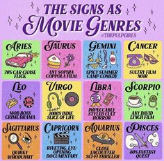 the signs as movie genees are in different colors and font on a purple background