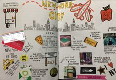 an open notebook with stickers and pictures on the pages, including new york city