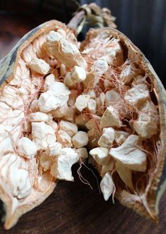 the inside of an eggplant on a wooden table