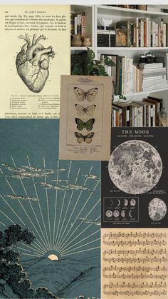 a collage of books and pictures with butterflies, moon phases, and music notes