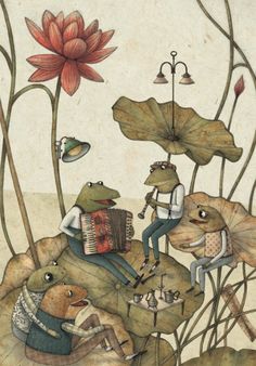 a frog playing an accordion on top of a leafy plant with two other frogs