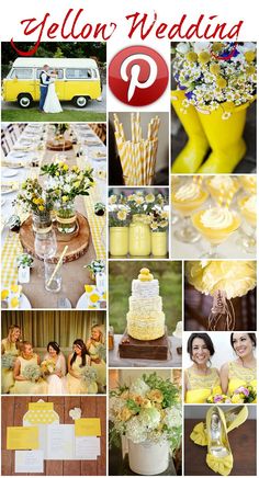 a collage of yellow and white wedding colors