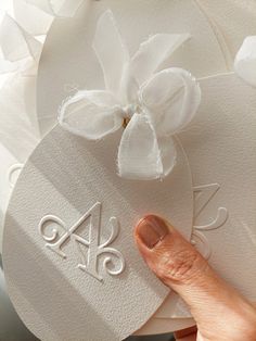 a hand is pointing at the top of a white box with a bow on it