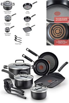 an assortment of pots and pans are shown in this graphic style, with instructions for cooking