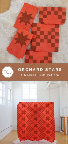 an orange and red quilt with the words orchard stars on it