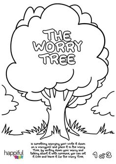 a tree with the words the worry tree written on it in black and white ink