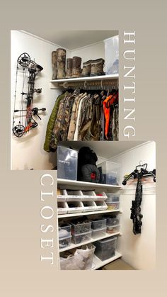 there are two shelves that have items on them and the words hunting closet written in white