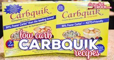 two boxes of carbquik sitting on top of a counter